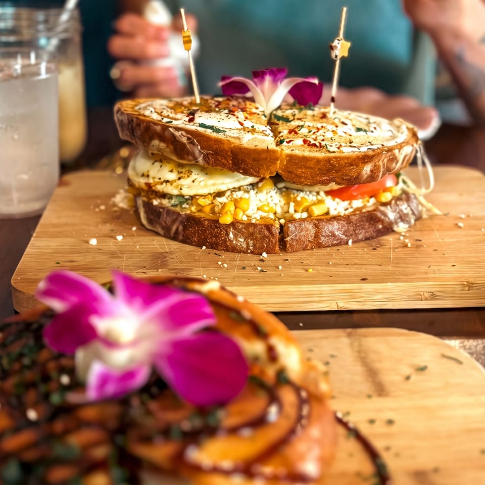 Gourmet sandwich with fried egg, corn, and tomato on a wooden board with drinks.