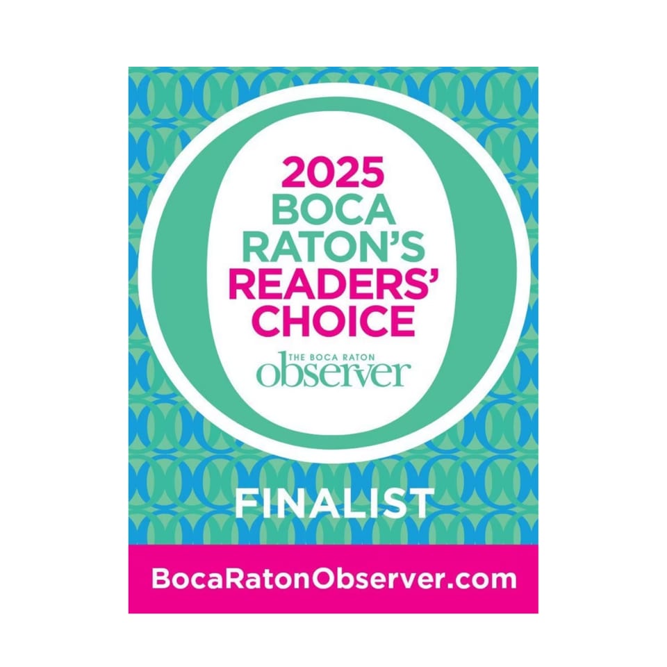Boca Raton Observer's 2025 Readers' Choice Finalist award logo in teal, pink, and white.