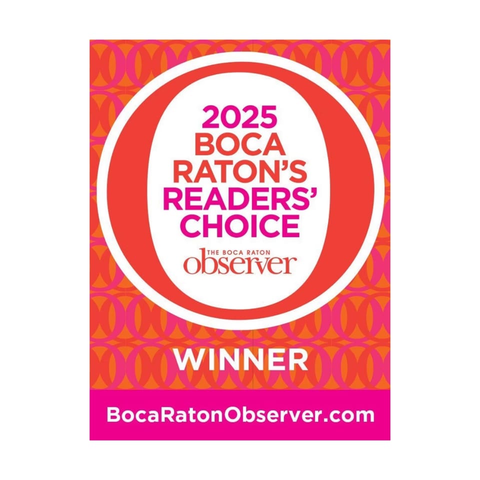 Boca Raton Observer 2025 Readers' Choice Winner award logo in pink and orange.