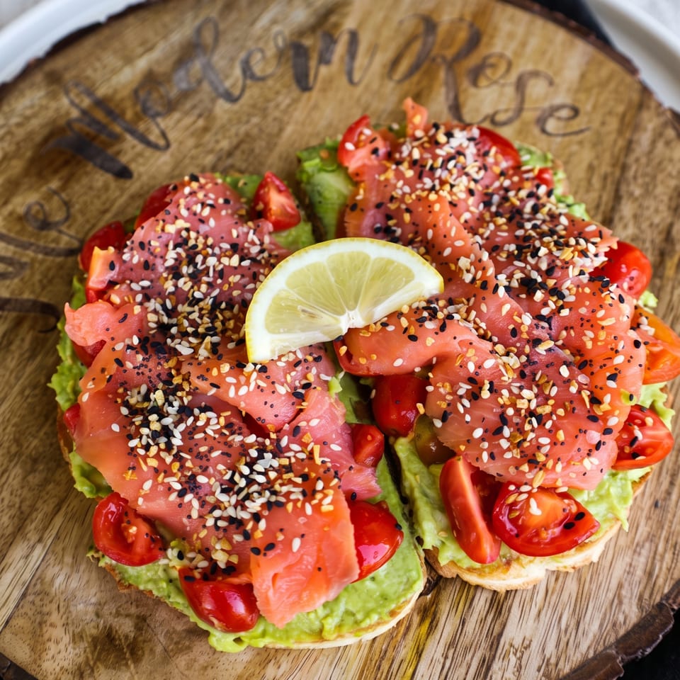 Two open-faced sandwiches topped with smoked salmon, lettuce, tomatoes, mixed seeds, and a lime wedge on a wooden serving board.