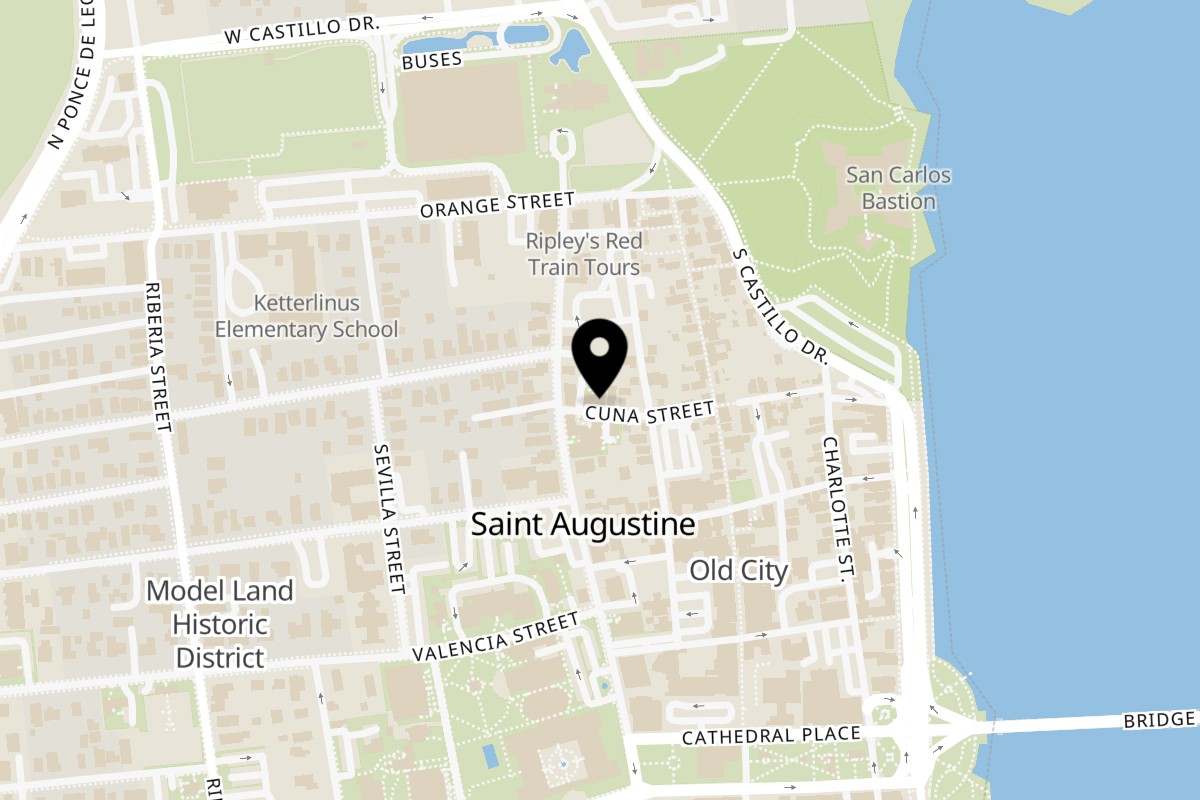 Map showing the location of The Modern Rose St. Augustine on 62 Cuna St in St. Augustine